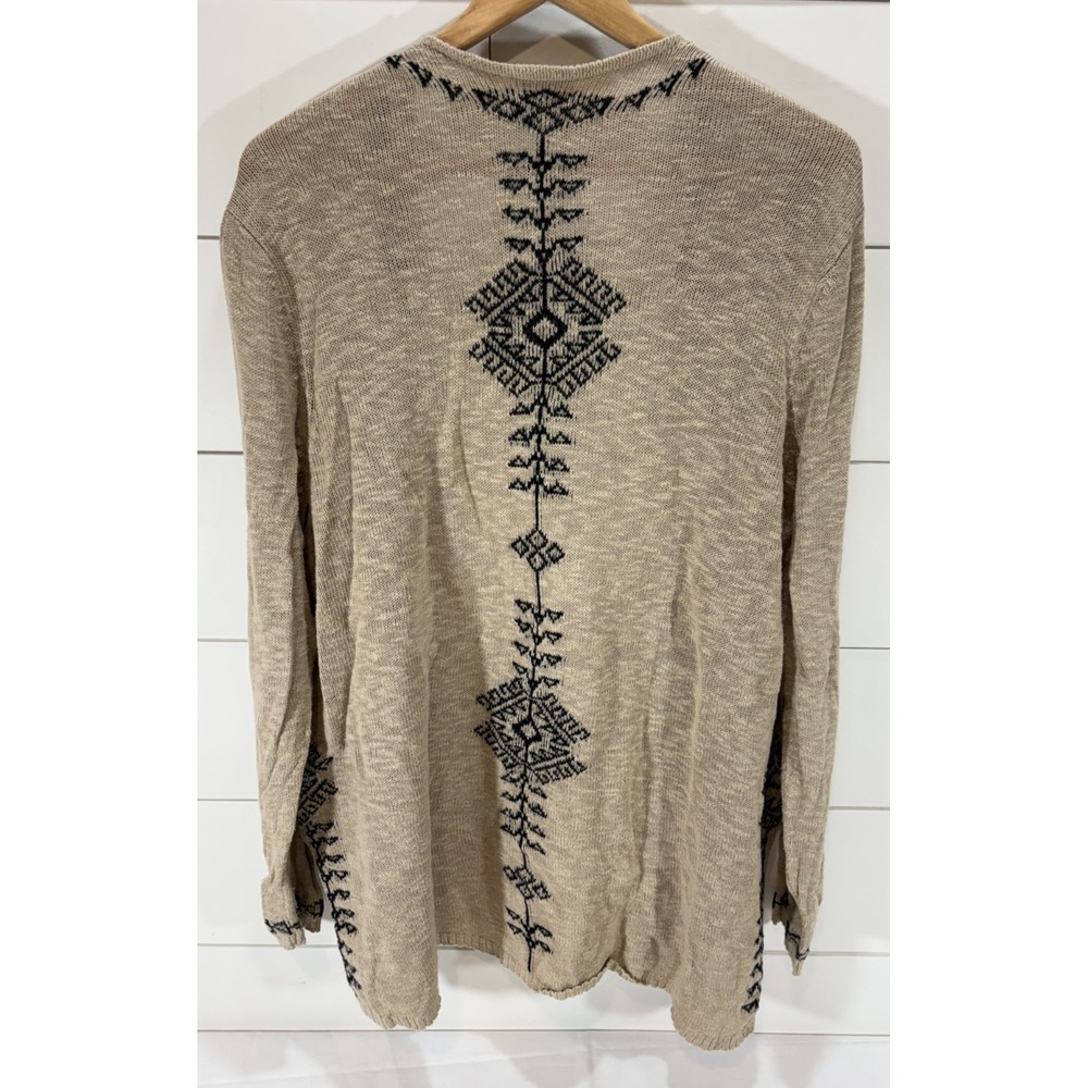 J. Jill Women's Tan Black Linen Blend Aztec Open Front Cardigan Size L Bohemian